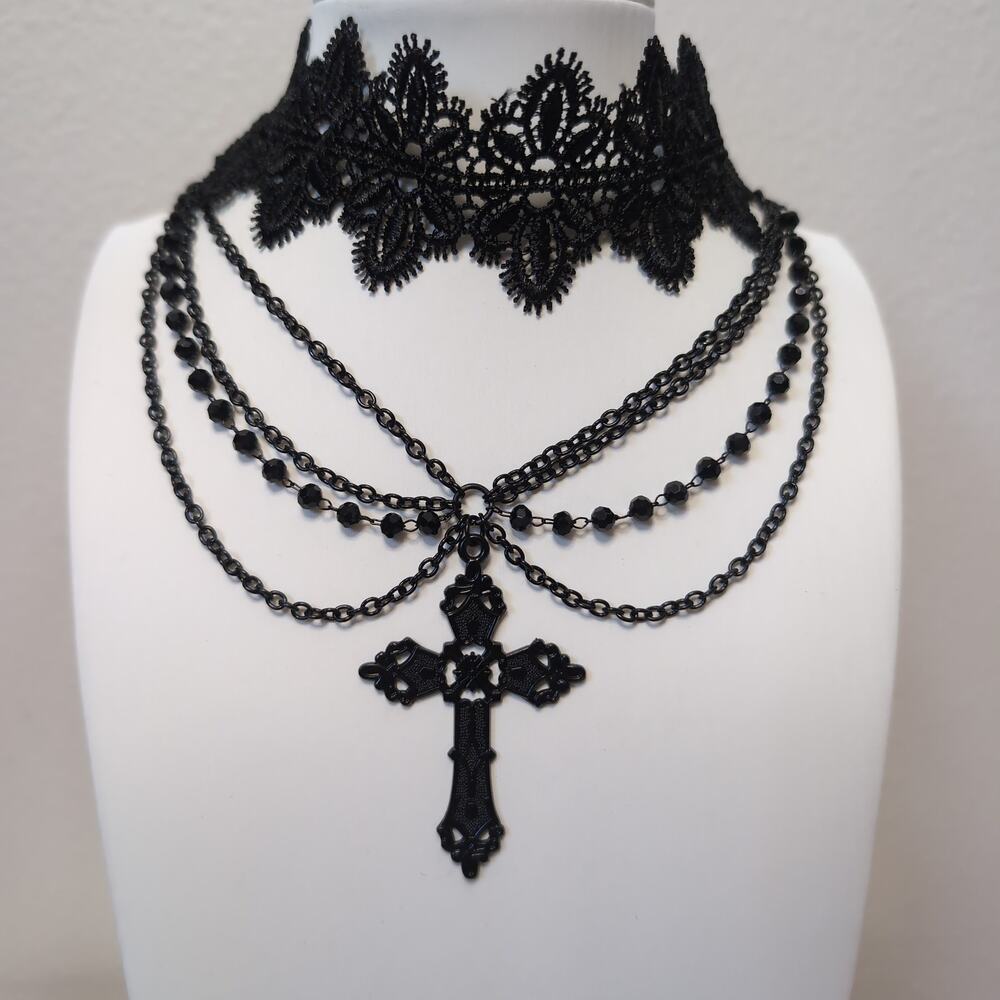 Black Lace Choker Necklace With Cross Pendant
